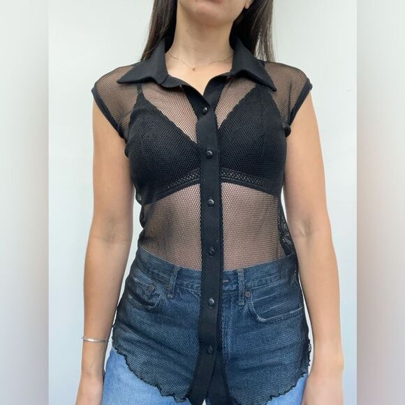 Vintage Y2K Black Mesh Sheer Fish Net Short Sleeve Button Front Top Size M - Picture 2 of 10